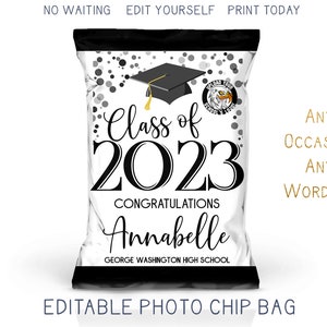 Printable 2025 Graduation Chip Bag, Black and White Modern Grad Party Favor Bag, Trunk Party Decorations DIY Editable Template