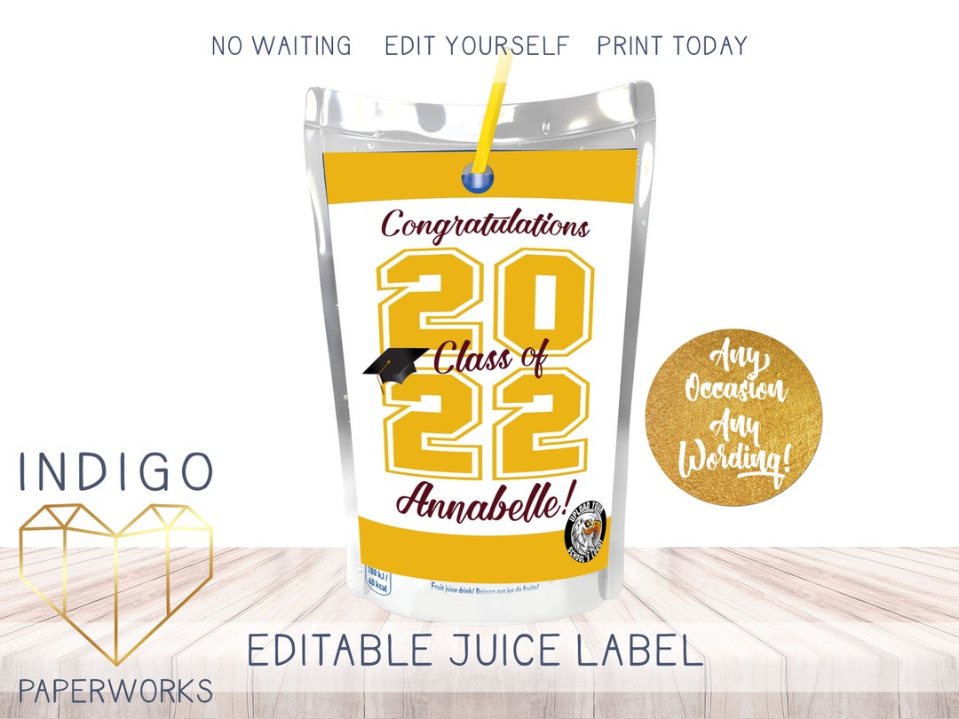 Printable 2025 Graduation Juice Label, Burgundy & Gold Classic Grad ...