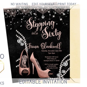 Women&#39;s Glam Birthday Party Invitation Boho Mandala Black & Rose Gold High Heel Invite Glitter Diamonds Shoes Custom Printable DIY Invite