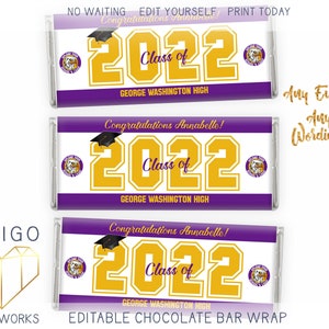 Printable 2023 Graduation Chocolate Bar Label, Purple and Yellow Candy Bar Wrapper, Custom DIY Grad Trunk Party Décor Instant Download