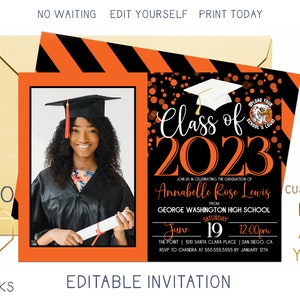 Printable 2023 Graduation Party Invitation With Photo, Orange & Black Grad Invite, Custom Editable Template Instant Download