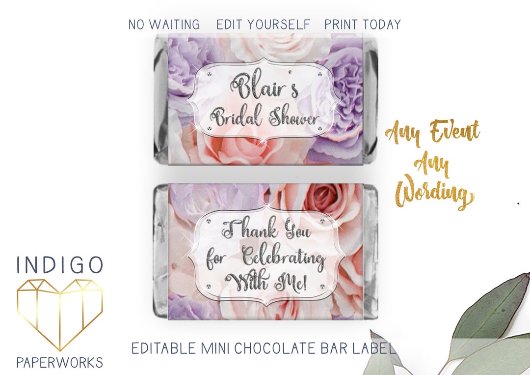 Printable Mini Candy Bar Label Custom Silver Lavender Floral Etsy