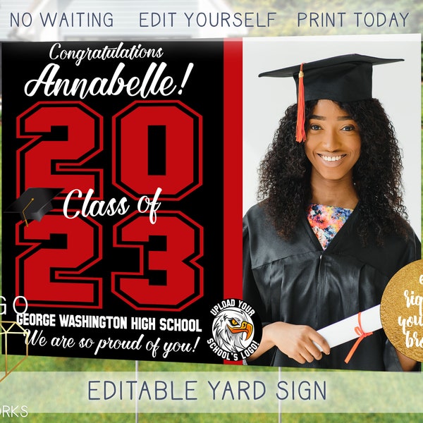 Afdrukbare 2023 Afstudeerfoto Lawn Sign, Zwart Wit en Rood Custom Grad Decor Outdoor Voortuin Poster Digitale Sjabloon Instant Download