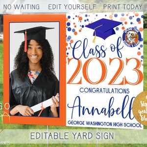 Printable 2023 Grad Lawn Sign With Photo Orange and Navy Custom Modern Graduate Outdoor Front Yard Poster Instant Download