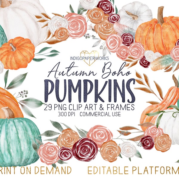 Autumn Watercolor Pumpkin Clip Art - Boho fall colors aqua green gourd graphics, border, wreath & frame hand painted PNG for COMMERCIAL USE