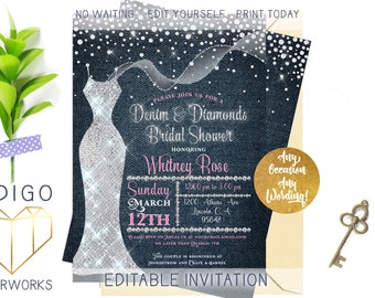 Denim and Diamonds Bridal Shower Invitation, Blue Jean Bling Sequin Dress Bridal Shower, Glitter Sparkle Printable Bridal Shower Invitation