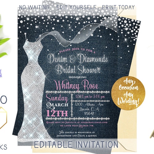 Denim and Diamonds Bridal Shower Invitation Blue Jean Bling Etsy