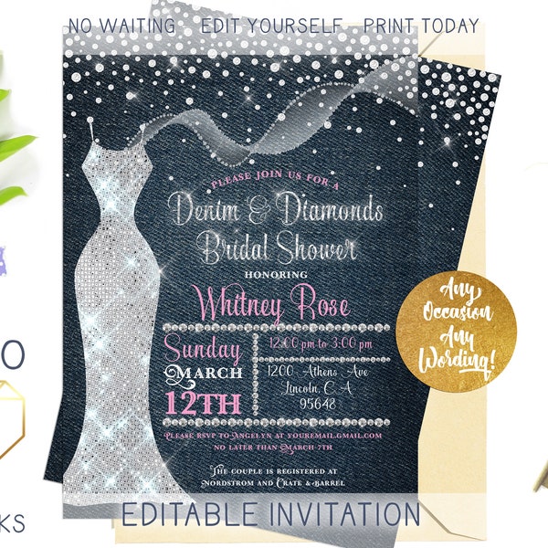 Denim and Diamonds Bridal Shower Invitation, Blue Jean Bling Sequin Dress Bridal Shower, Glitter Sparkle Printable Bridal Shower Invitation