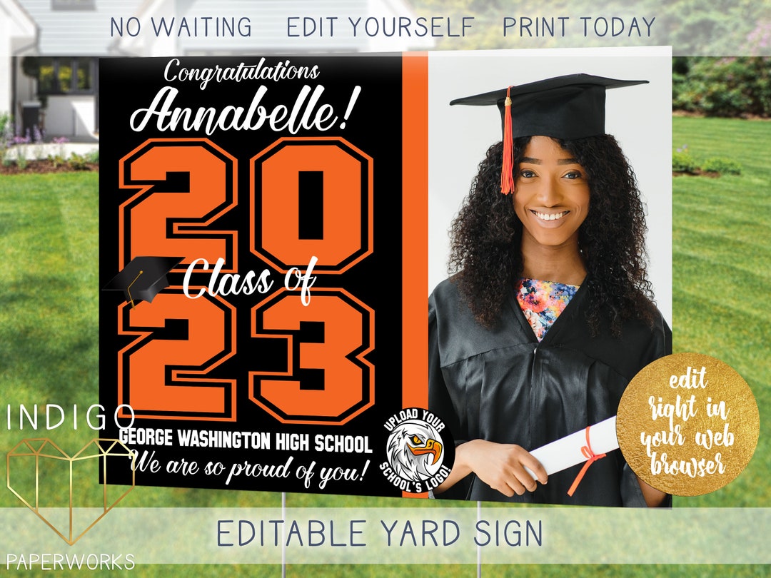 Printable 2025 Graduation Photo Lawn Sign, Black and Orange Custom Grad ...