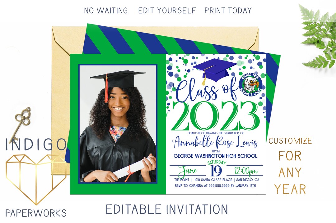 Printable 2023 Graduation Party Invitation With Photo, Green & Navy