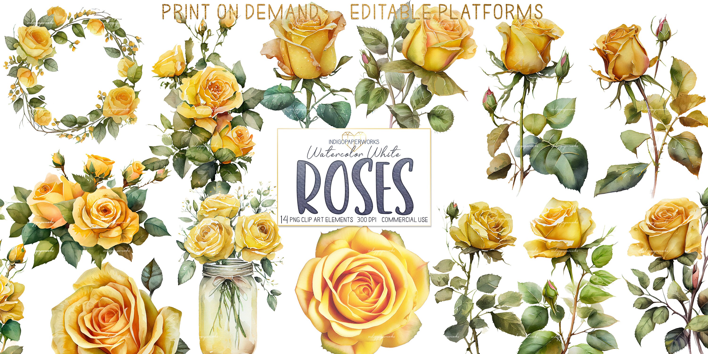 Watercolor Yellow Roses Clipart- 14 pretty rose floral bunches & mason jar bouquet transparent PNG graphic elements for COMMERCIAL USE