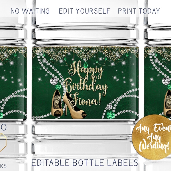 Printable High Heel Water Bottle Label, Glam Emerald Diamond and Pearls Boho Mandala Glitter and Glitz Women's Birthday Party DIY Labels