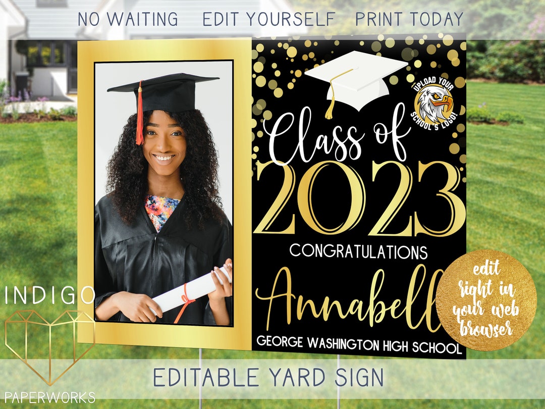 Printable 2025 Grad Lawn Sign With Photo Gold Foil and Black Custom ...