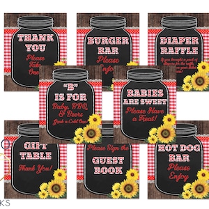 Afdrukbare Baby-Q tafelbordset, rood met gingangruit geruite achtertuin BBQ-thema met zonnebloem en glazen pot 8 x 10 feestbordbundel direct downloaden