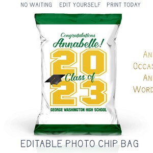 Printable 2025 Graduation Chip Bag, Green and Gold Grad Party Favor Bag, Trunk Party Decorations DIY Custom Digital Template
