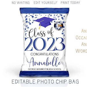 Printable 2023 Graduation Chip Bag, Navy Blue and White Modern Grad Party Favor Bag, Trunk Party Decorations DIY Editable Template