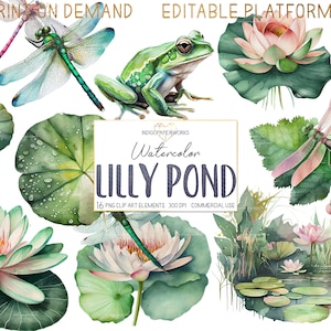 Clipart de lagoa de lírios aquarela - 16 lindos elementos gráficos PNG transparentes de jardim de flores de nenúfar, sapo e libélula para USO COMERCIAL