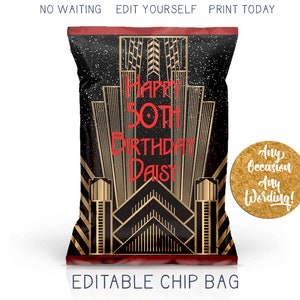 Art Deco Gold Chip Bag, Red and Gold Chip Favor Bag, Harlem Nights Luxury Party Favors Bag Custom Printable DIY Print at Home Party Favor