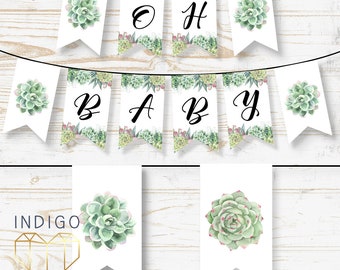 Succulent Baby Shower Banner, Greenery Gender Neutral Southwestern Cactus Theme Baby Shower "Oh Baby" DIY Pennant Banner Instant Download