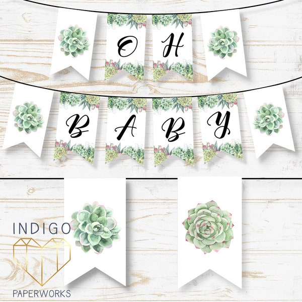 Succulent Baby Shower Banner, Greenery Gender Neutral Southwestern Cactus Theme Baby Shower "Oh Baby" DIY Pennant Banner Instant Download