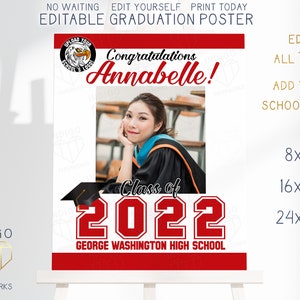 Printable Class of 2023 Graduation Party Photo Sign 16x20 or 24x36 Red & White Custom Grad Decor Front Door Welcome Poster Digital Template