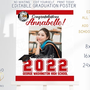 Printable Class of 2025 Graduation Party Photo Sign 16x20 or 24x36 Red & White Custom Grad Decor Front Door Welcome Poster Digital Template
