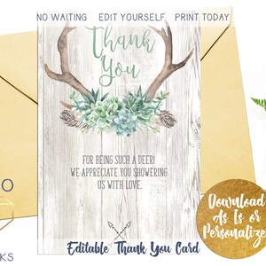 Carte de remerciement personnalisée Oh Deer succulente, carte plate 4 x 6 neutre verdure rustique pour baby shower, bois de cerf Boho bricolage Merci téléchargement immédiat
