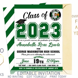 Printable 2023 Green & White Graduation Party Invitation Classic Class of 2023 Digital Grad Invite Custom Editable Template Instant Download