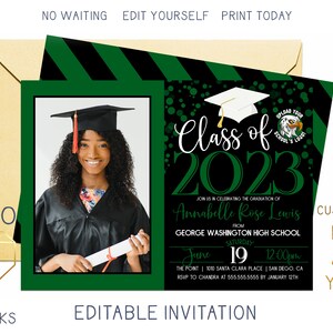 Printable 2025 Graduation Party Invitation With Photo, Green & Black Grad Invite, Custom Editable Template Instant Download