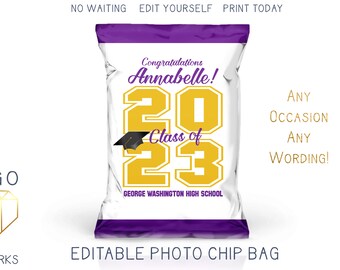 Printable 2023 Graduation Chip Bag, Purple and Gold Grad Party Favor Bag, Trunk Party Decorations DIY Custom Digital Template