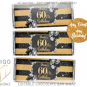 Glam Striped Chocolate Bar Label, Black Gold Old Hollywood Candy Bar Wrapper, Glitz Modern Sparkle Custom DIY Custom Women&#39;s Birthday Favor