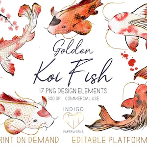 Aquarell Koi Fisch Clip Art Elemente - Traditioneller japanischer Stil Lotus & Sakura mit Goldfolie Handgemaltes PNG für den KOMMERZIELLEN GEBRAUCH