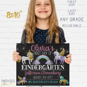Printable First Day of School Unicorn Chalkboard Sign, Reusable Last ...