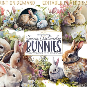 Cute Springtime Bunny Rabbits Clipart- 19 PNG watercolor graphic elements with adorable mother and and baby bunnies COMMERCIAL USE