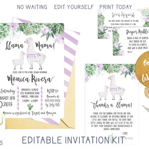 Llama Mama vetplanten babyshower uitnodigingsset, meisjes zuidwestelijke uitnodigingsset, afdrukbare aangepaste babyshower uitnodigingssuite