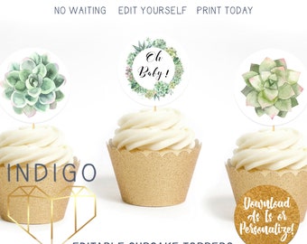 Succulent Cupcake Toppers, Succulent Greenery Baby Shower, Cactus Southwestern Theme DIY Editable Gender Neutral Shower Party Favor Tags