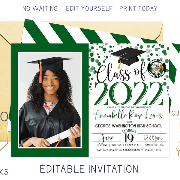 Printable 2023 Graduation Party Invitation With Photo, Forest Green & White Grad Invite, Custom Editable Template Instant Download