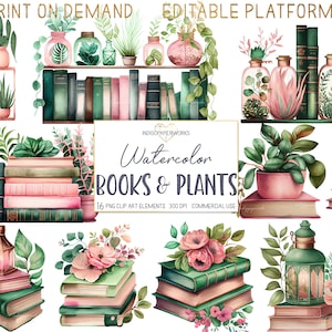 Clipart de livros e plantas em aquarela - 16 pilhas fofas de livros e estantes em rosa e esmeralda, elementos gráficos PNG transparentes para USO COMERCIAL