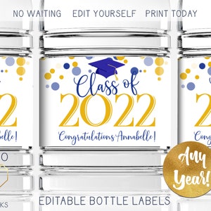 Druckbare 2023 Graduierung Wasserflaschenetiketten Benutzerdefinierte personalisierte Marineblau und Gelb Etikett für Avery 22845 Instant Download