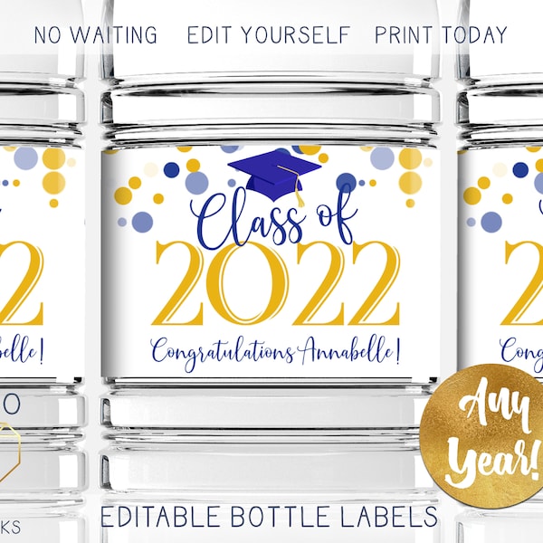 Printable 2023 Graduation Water Bottle Labels Custom Personalized Navy Blue and Yellow Label for Avery 22845 Instant Download