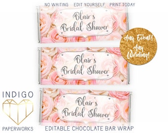 Printable Rose Garden Chocolate Bar Label, Silver Modern Bridal Candy Bar Wrapper, Boho Blush Pink Floral Custom DIY Women's Birthday Favor