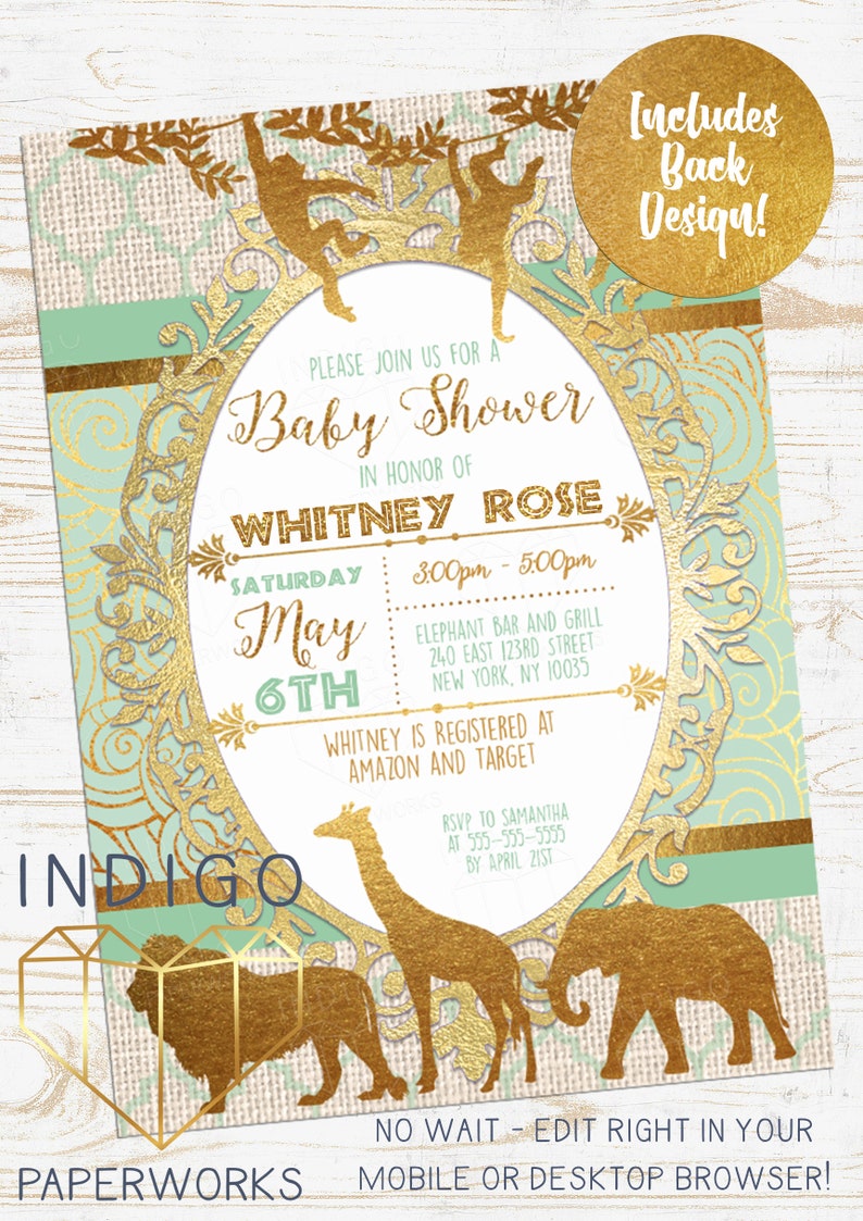 Gold Safari Baby Shower Invitation Kit African Jungle Mint Etsy
