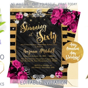 Women&#39;s Birthday Invitation, Glam Pink Black and Gold Striped Modern Party Invite, Glitter Gold Diamond Glitz Customized Digital Invite