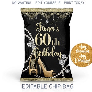 Glam Birthday Chip Bag, Mandala Boho Gold Glitter High Heel Favor Bag, Diamonds Shoe Black Birthday Favor, DIY Custom Printable Party Favor
