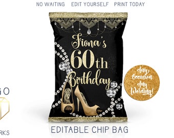 Glam Birthday Chip Bag, Mandala Boho Gold Glitter High Heel Favor Bag, Diamonds Shoe Black Birthday Favor, DIY Custom Printable Party Favor