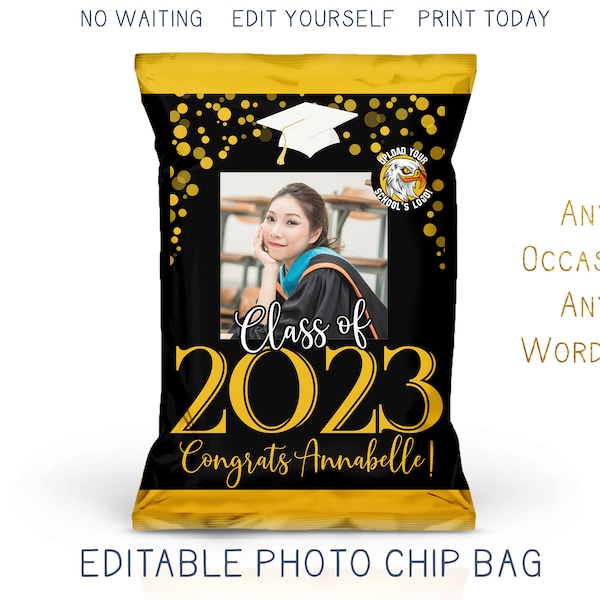 Printable 2023 Graduation Chip Bag with Photo, Modern Yellow White and Black Grad Party Favor Bag, DIY Trunk Party Decor