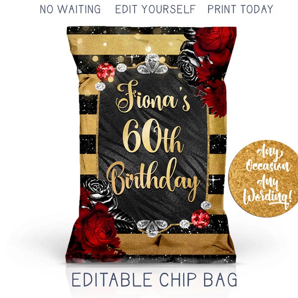 Glam Birthday Chip Bag, Striped Black Gold Glitter Chip Favor Bag, Jewels Diamond Birthday Favors, Custom DIY Custom Printable Party Favor