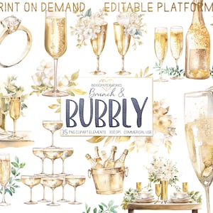 Watercolor Brunch & Bubbly Clipart- 35 glam champagne brunch illustrations, champagne tower, and engagement party PNG for COMMERCIAL USE