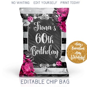 Bezaubernde Geburtstags-Chip-Tasche, gestreifte schwarze silberne Glitter Chip-Bevorzugungs-Tasche, Juwelen-Diamant-Geburtstags-Gastgeschenke, kundenspezifisches DIY benutzerdefiniertes druckbares Mitbringsel