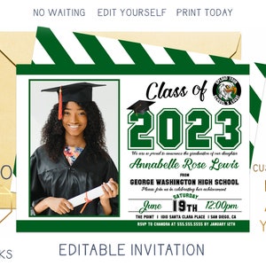 Printable 2023 Green & White Graduation Photo Invitation Classic Class of 2023 Digital Photo Announcement Custom DIY Editable Template